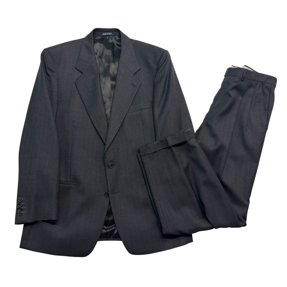 vtg 90s Giorgio Fellini Italy 40R 41R 35x30 Charcoal Stripe 2pc Pant Suit Wool